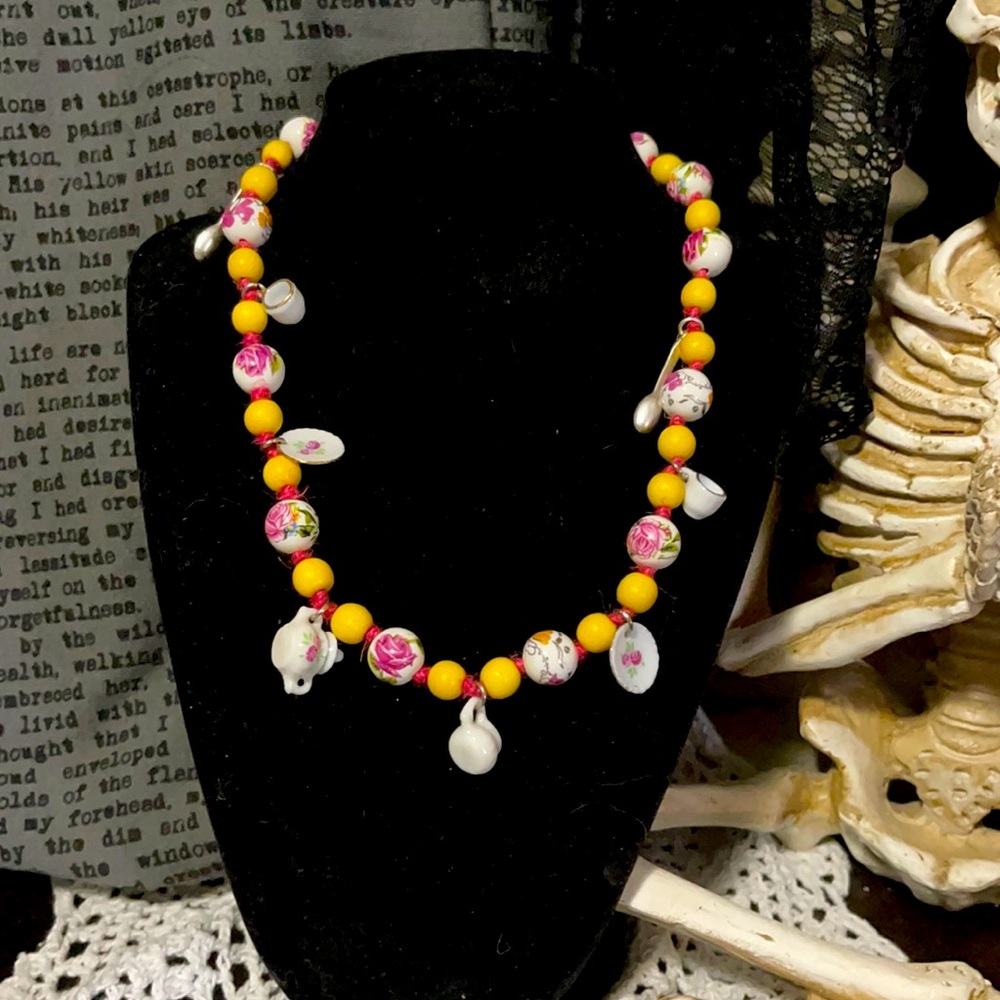☕️🌹Go Ask Alice tea party handmade necklace🌹☕️